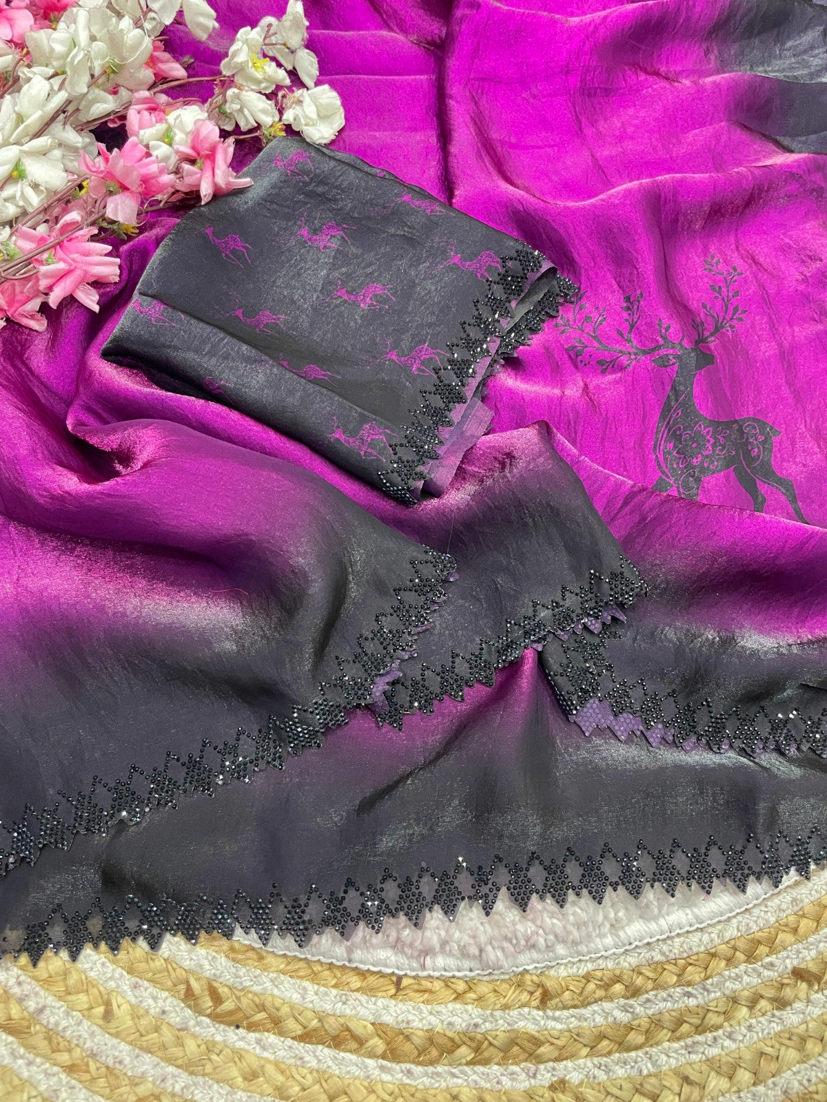 👑 Designer Space Silk Saree – Digital Print & Beautiful Jarkhan Work 👑