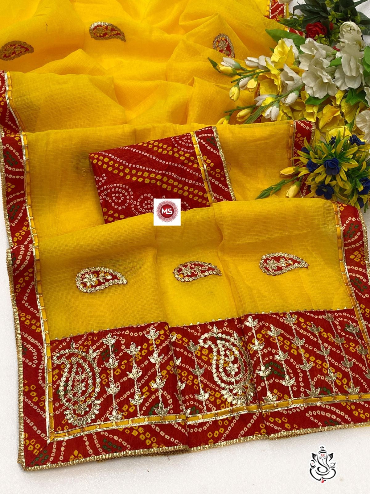 Traditional Kota Doriya Cotton Silk Saree with Bandhej & Gotta Patti Border