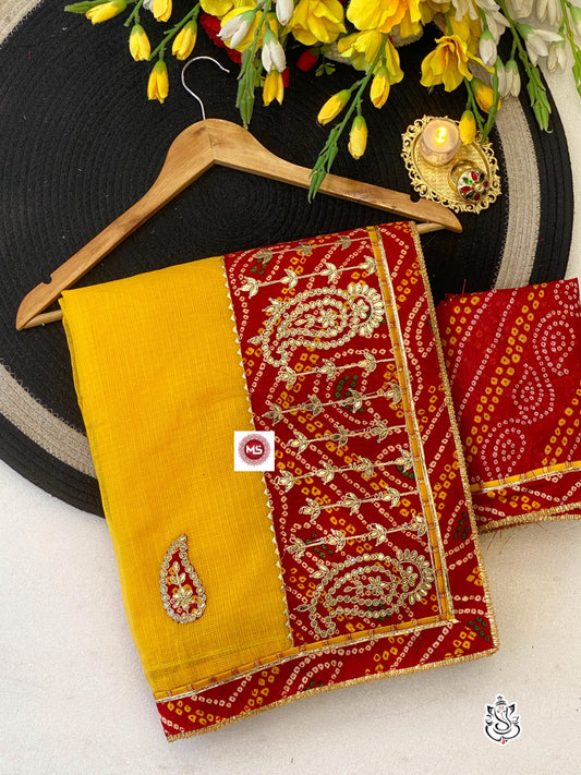 Traditional Kota Doriya Cotton Silk Saree with Bandhej & Gotta Patti Border