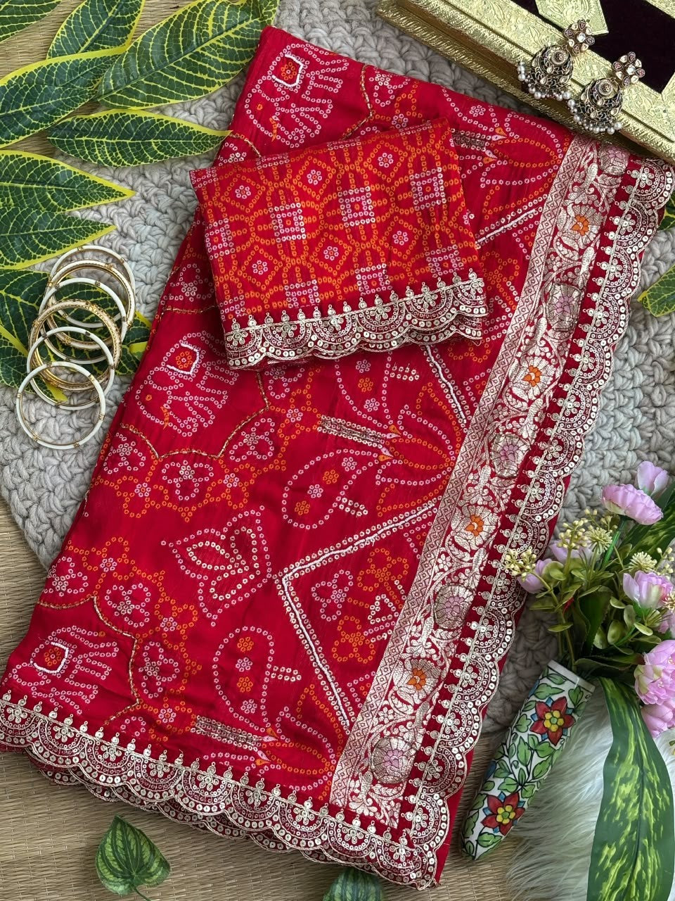 ✨ Elegant Patola Bandhani – Weaving, Cutdana & Embroidery Work