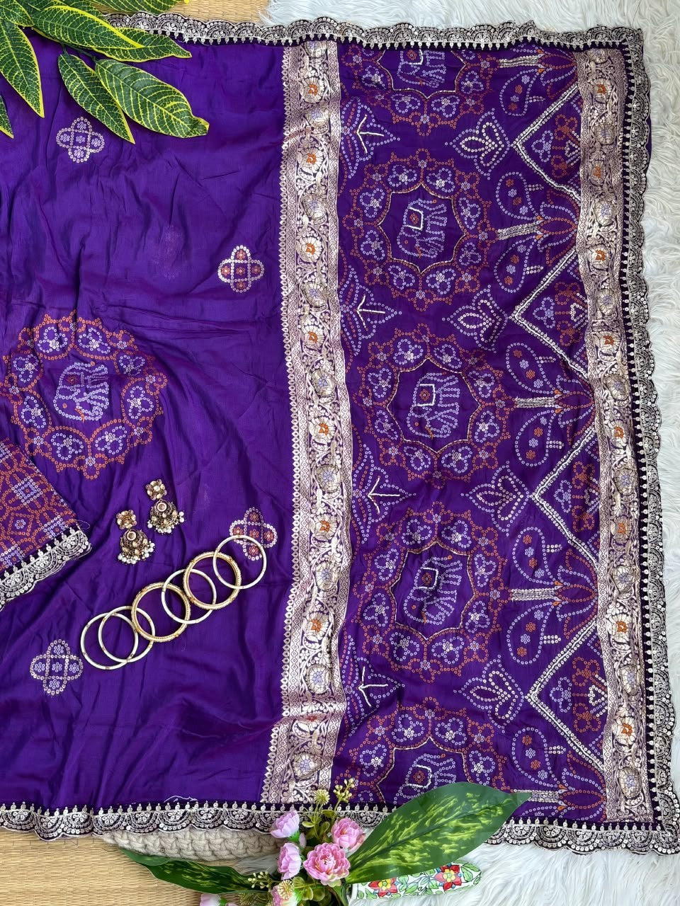 ✨ Elegant Patola Bandhani – Weaving, Cutdana & Embroidery Work