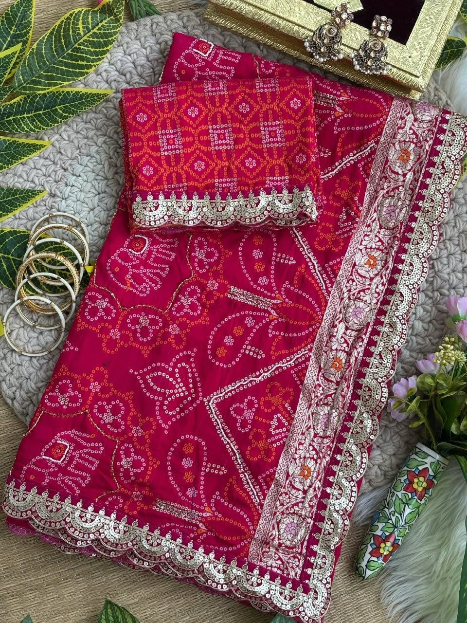 ✨ Elegant Patola Bandhani – Weaving, Cutdana & Embroidery Work