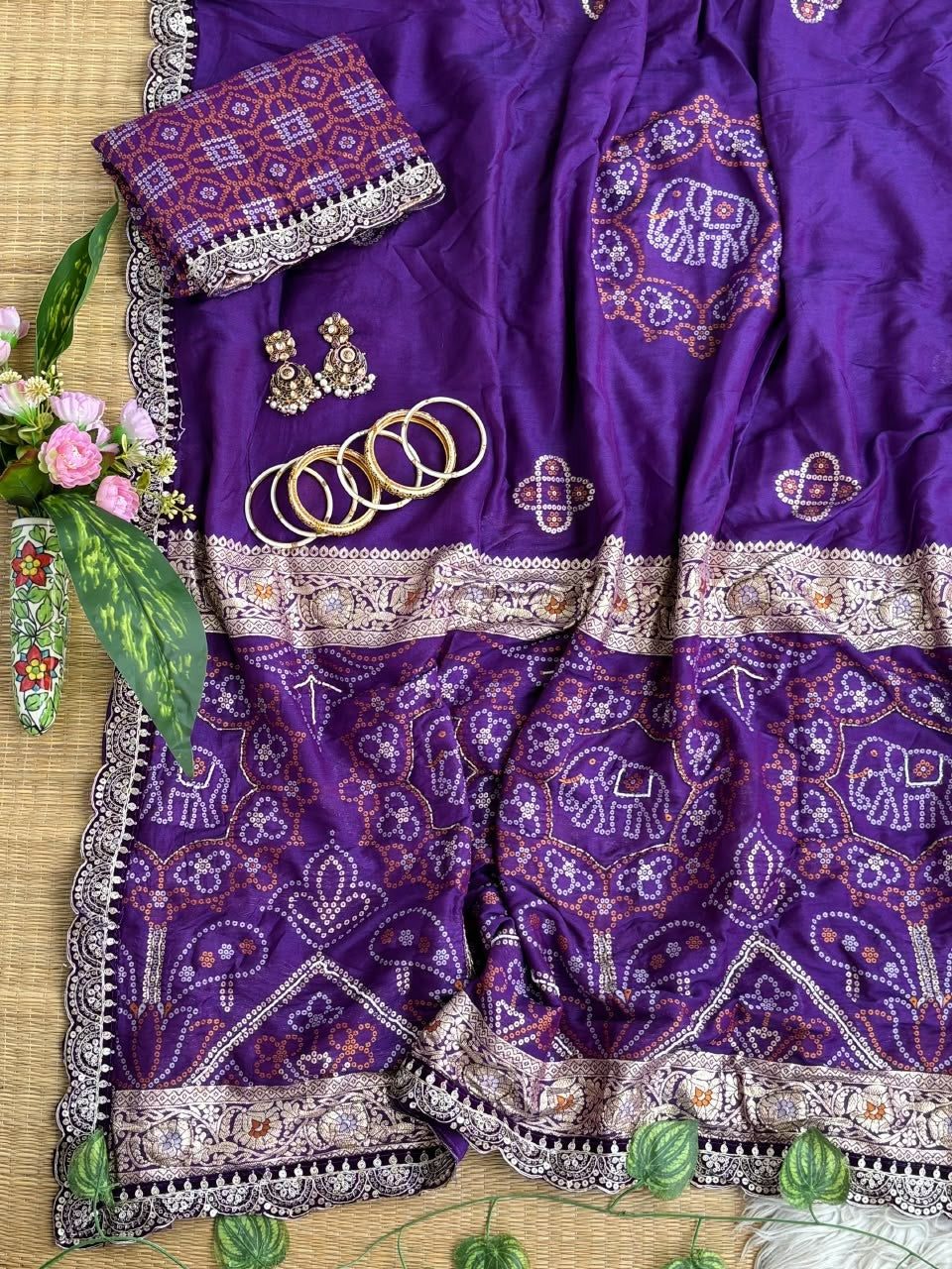 ✨ Elegant Patola Bandhani – Weaving, Cutdana & Embroidery Work
