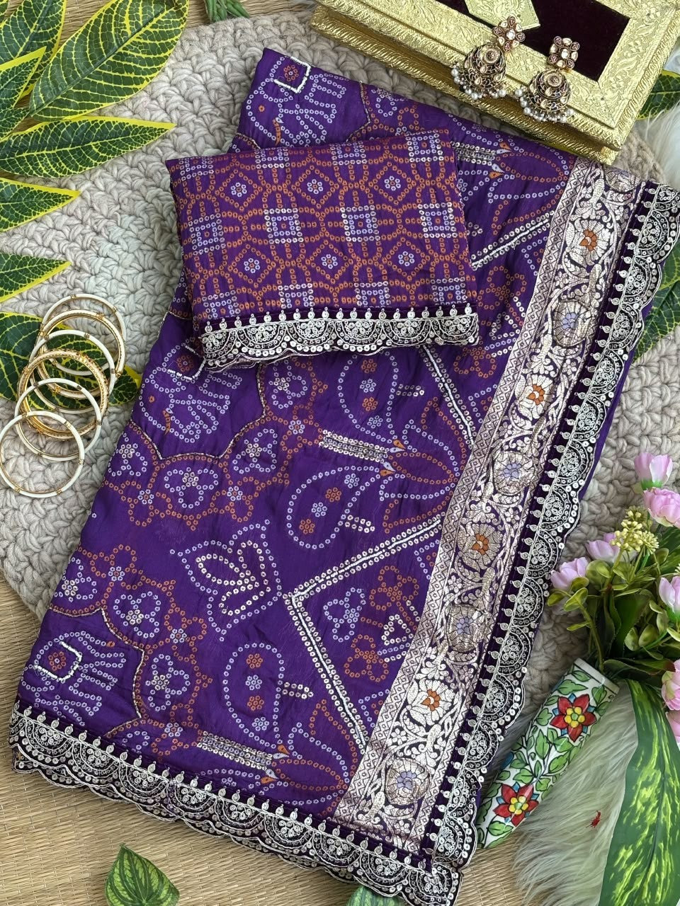 ✨ Elegant Patola Bandhani – Weaving, Cutdana & Embroidery Work