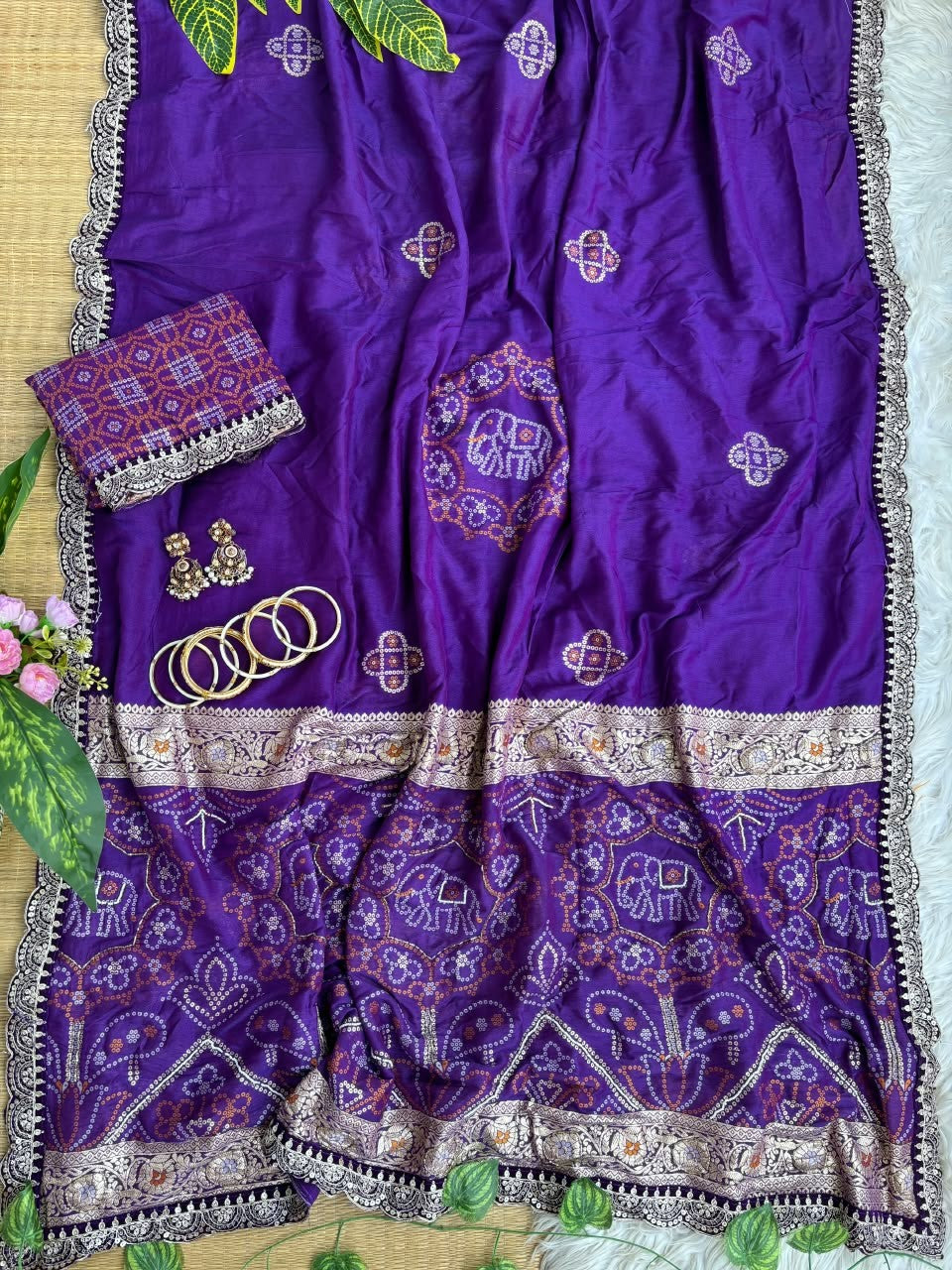 ✨ Elegant Patola Bandhani – Weaving, Cutdana & Embroidery Work