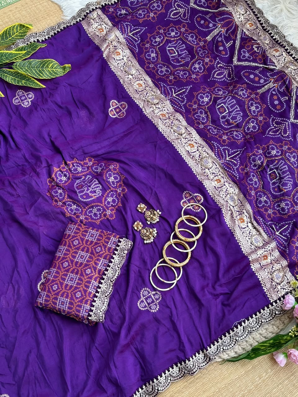 ✨ Elegant Patola Bandhani – Weaving, Cutdana & Embroidery Work