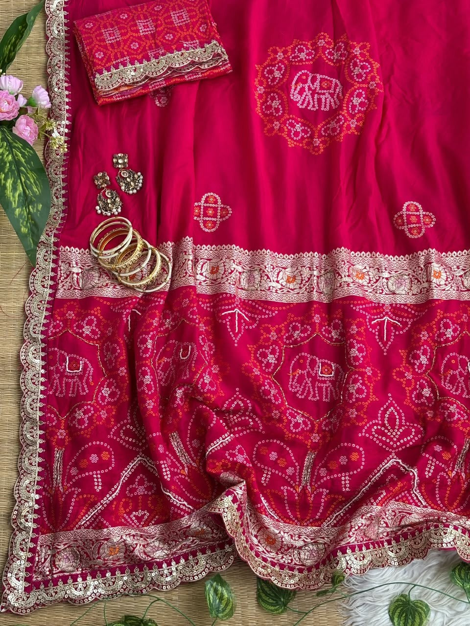 ✨ Elegant Patola Bandhani – Weaving, Cutdana & Embroidery Work