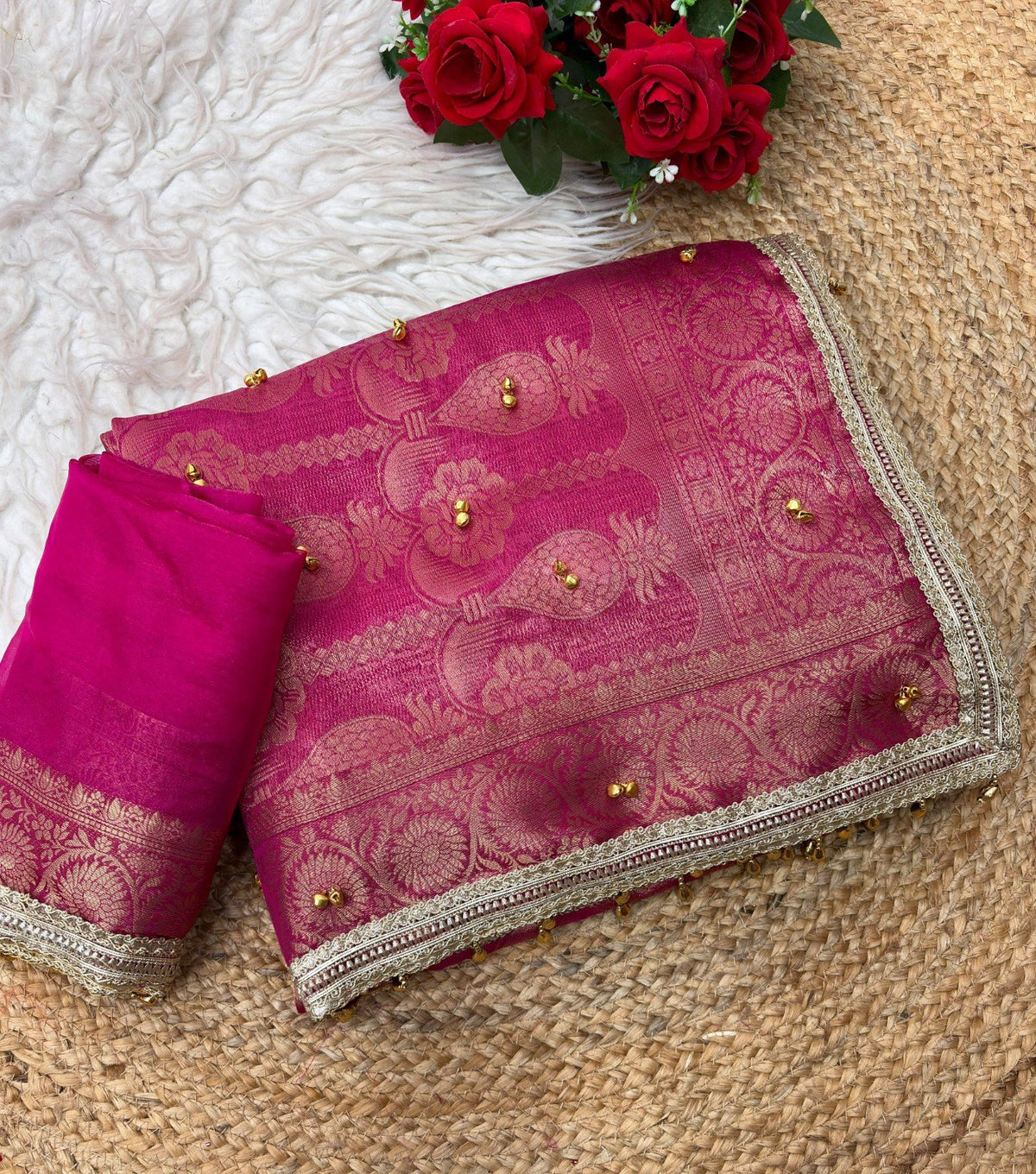 🌸 Elegant Ghungroo Work Banarasi Satin Chiffon Saree