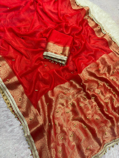 🌸 Elegant Ghungroo Work Banarasi Satin Chiffon Saree