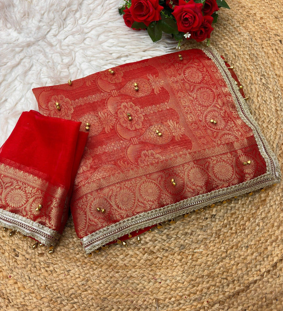 🌸 Elegant Ghungroo Work Banarasi Satin Chiffon Saree