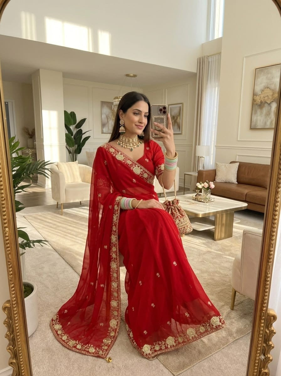 🥰 Royal Red Sequence Embroidered Georgette Saree ❤️✨ | Premium Festival Special Collection