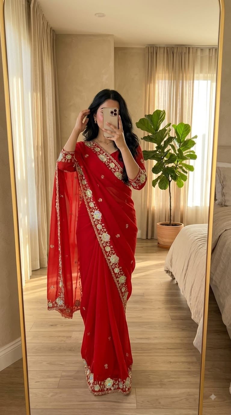 🥰 Royal Red Sequence Embroidered Georgette Saree ❤️✨ | Premium Festival Special Collection
