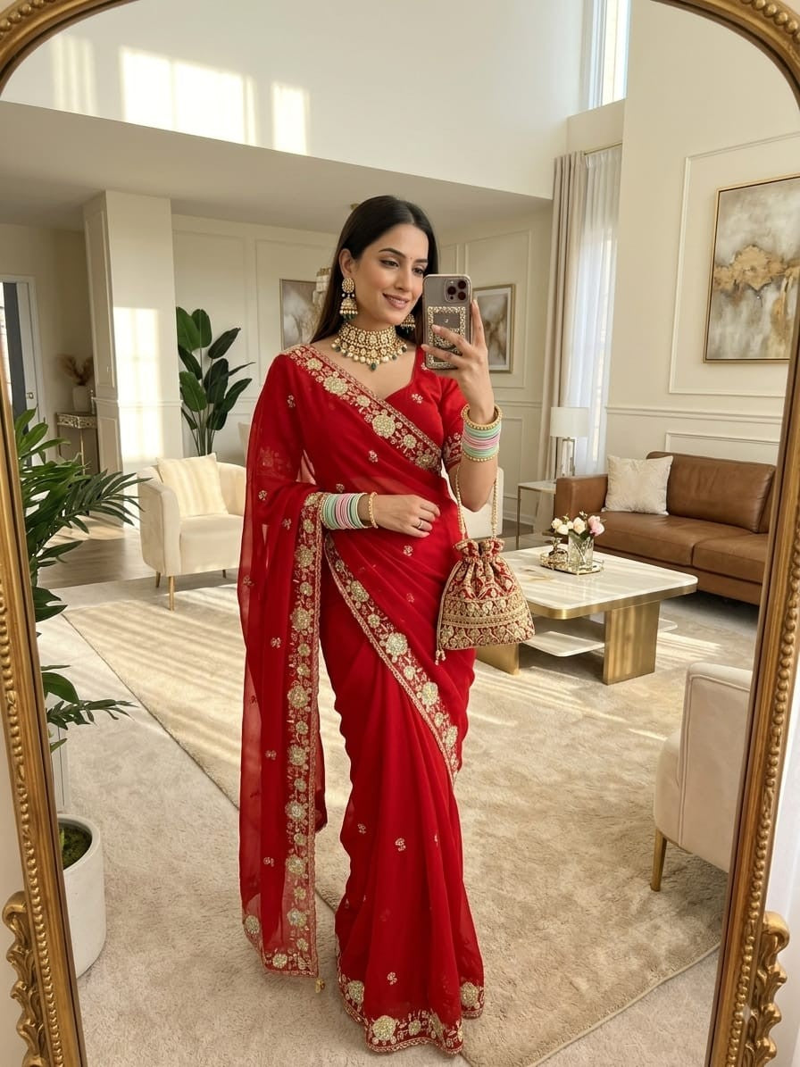 🥰 Royal Red Sequence Embroidered Georgette Saree ❤️✨ | Premium Festival Special Collection