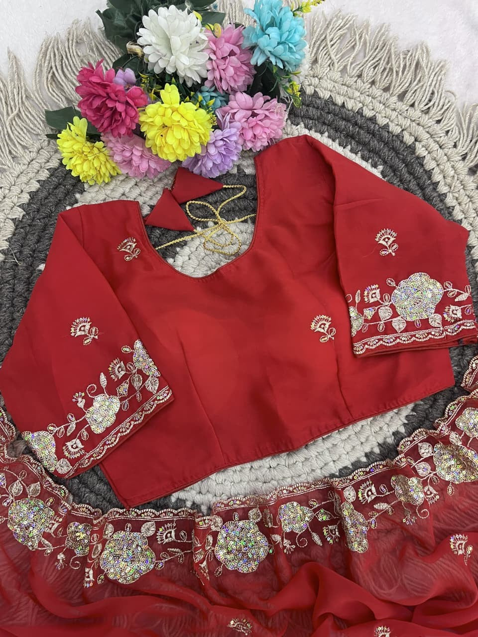 🥰 Royal Red Sequence Embroidered Georgette Saree ❤️✨ | Premium Festival Special Collection