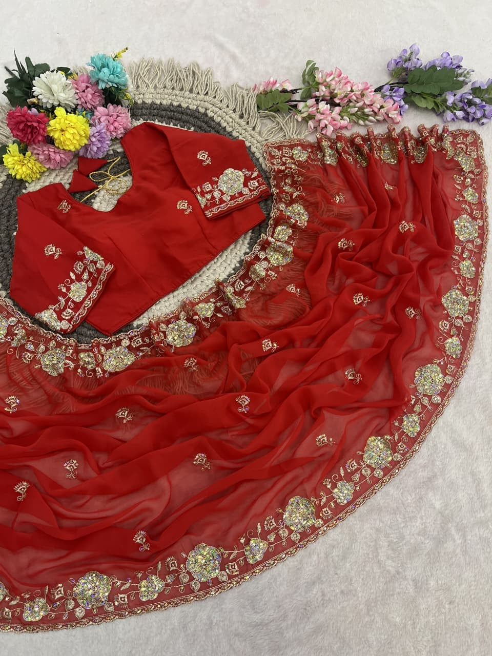 🥰 Royal Red Sequence Embroidered Georgette Saree ❤️✨ | Premium Festival Special Collection