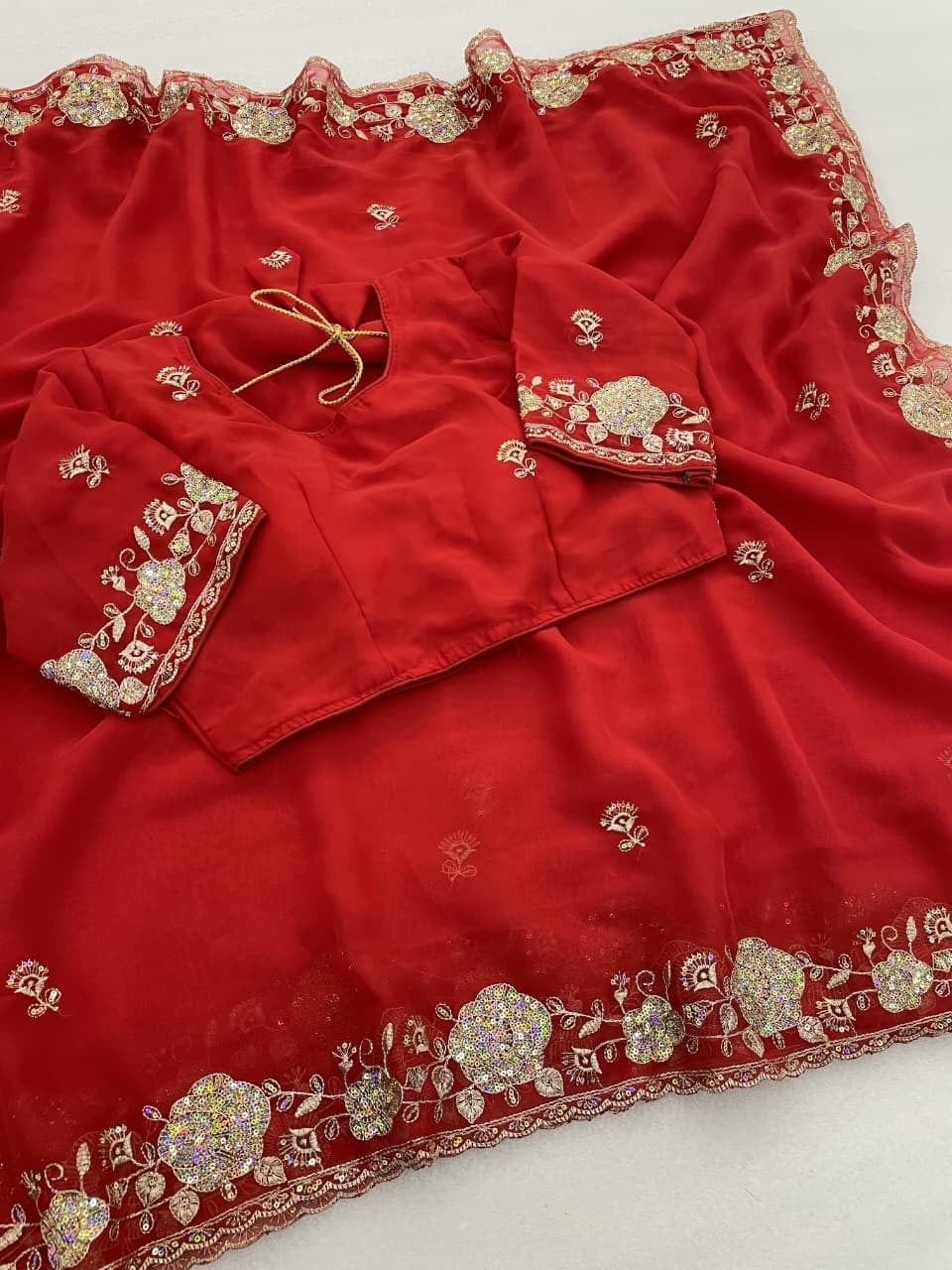 🥰 Royal Red Sequence Embroidered Georgette Saree ❤️✨ | Premium Festival Special Collection