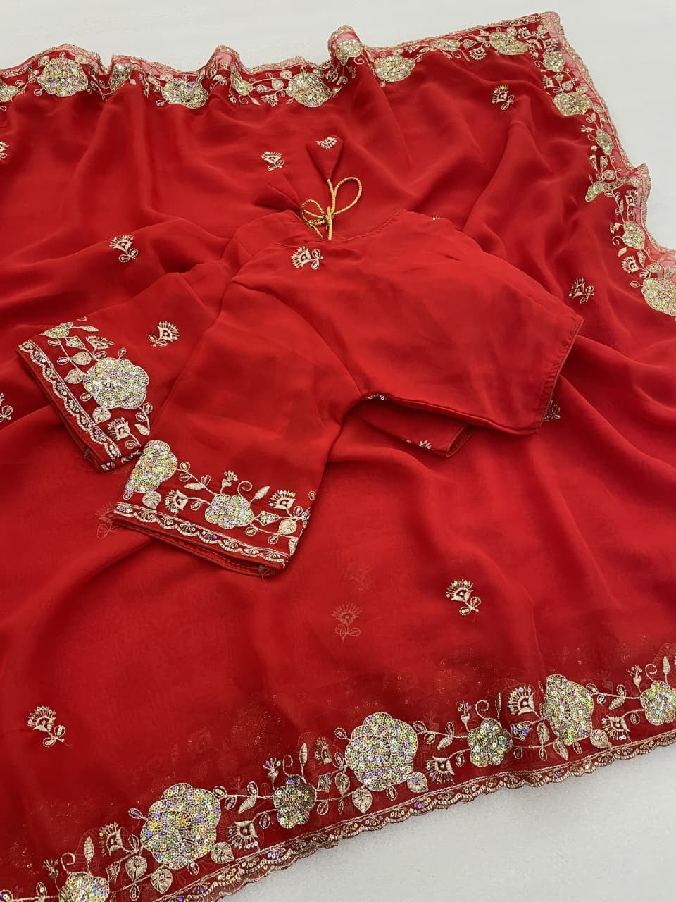 🥰 Royal Red Sequence Embroidered Georgette Saree ❤️✨ | Premium Festival Special Collection