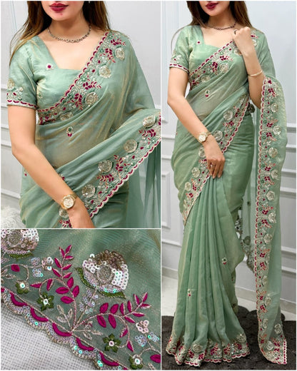 Premium Valentino Silk Saree with Zari Strips & Sequin Embroidery