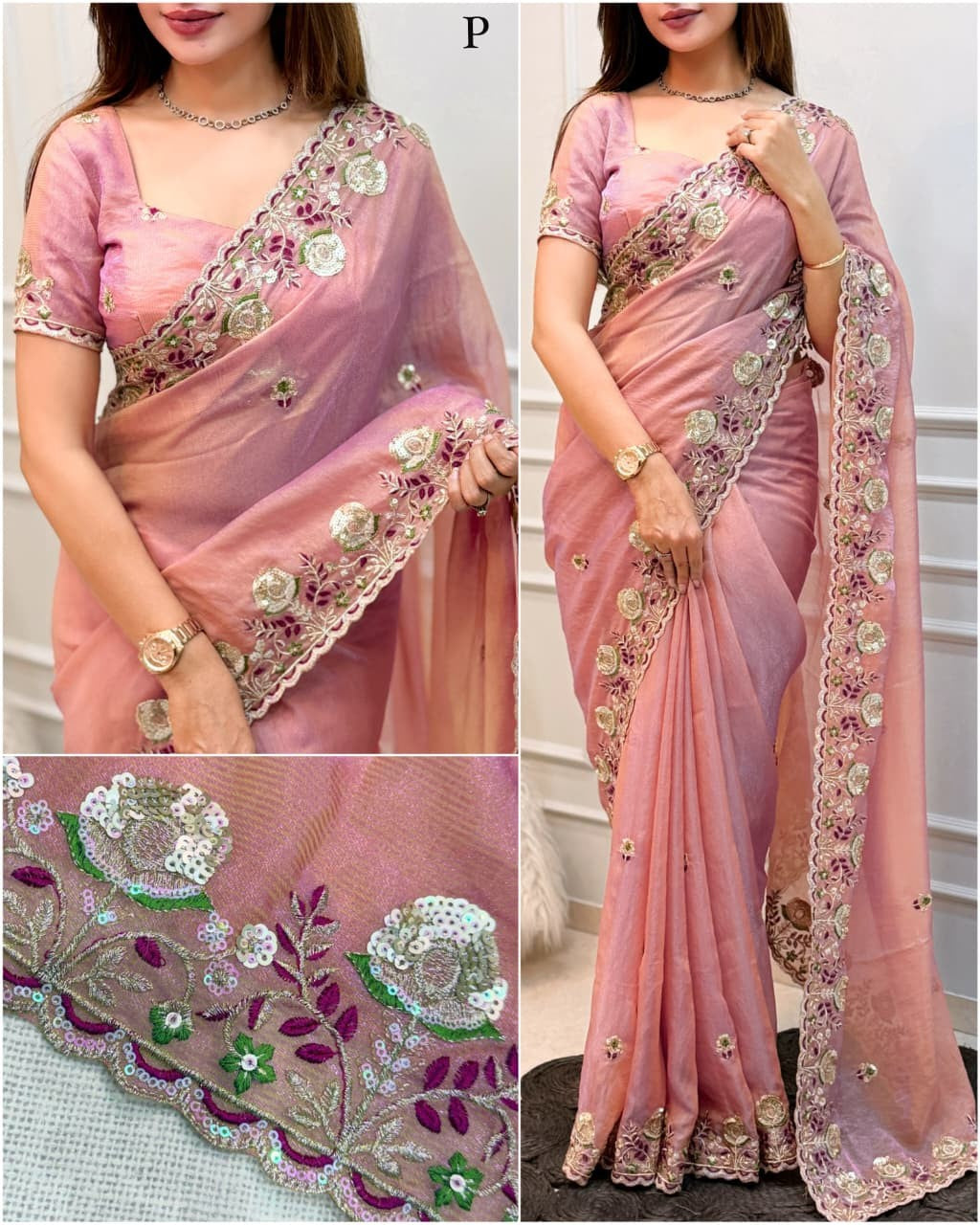 Premium Valentino Silk Saree with Zari Strips & Sequin Embroidery