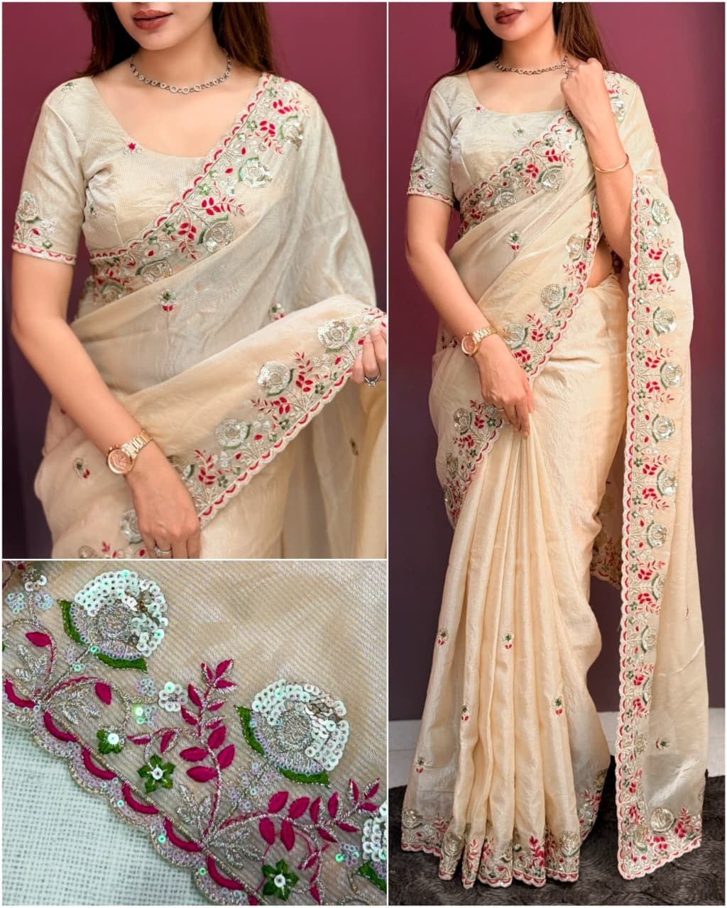 Premium Valentino Silk Saree with Zari Strips & Sequin Embroidery