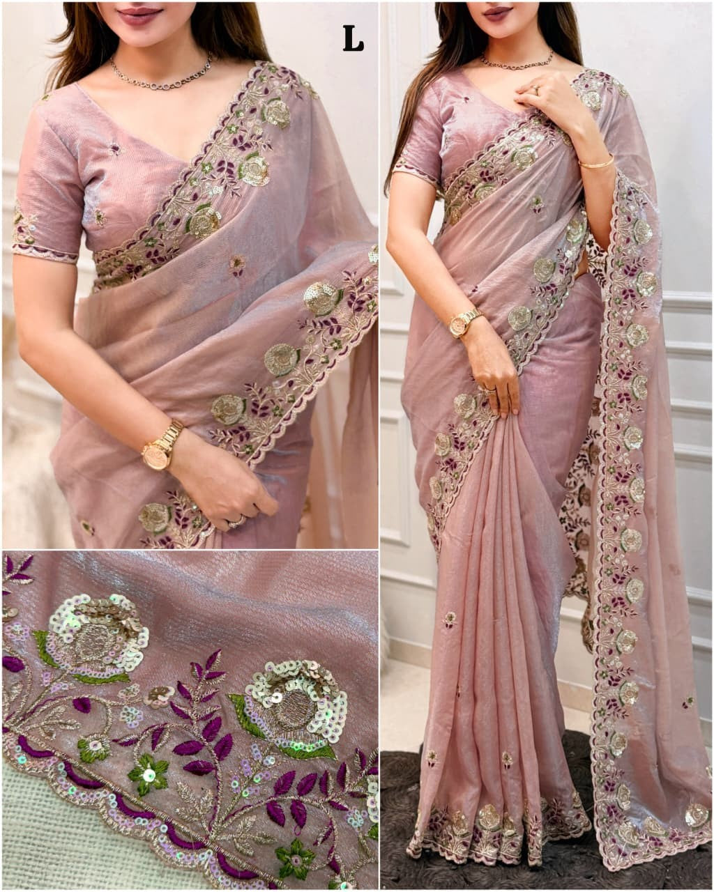 Premium Valentino Silk Saree with Zari Strips & Sequin Embroidery