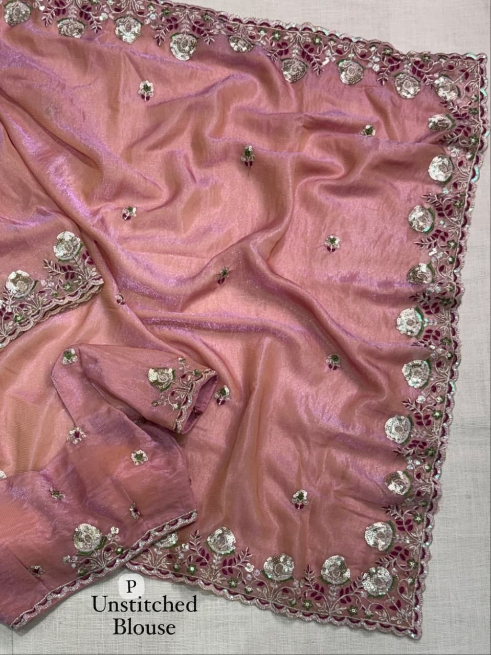 Premium Valentino Silk Saree with Zari Strips & Sequin Embroidery