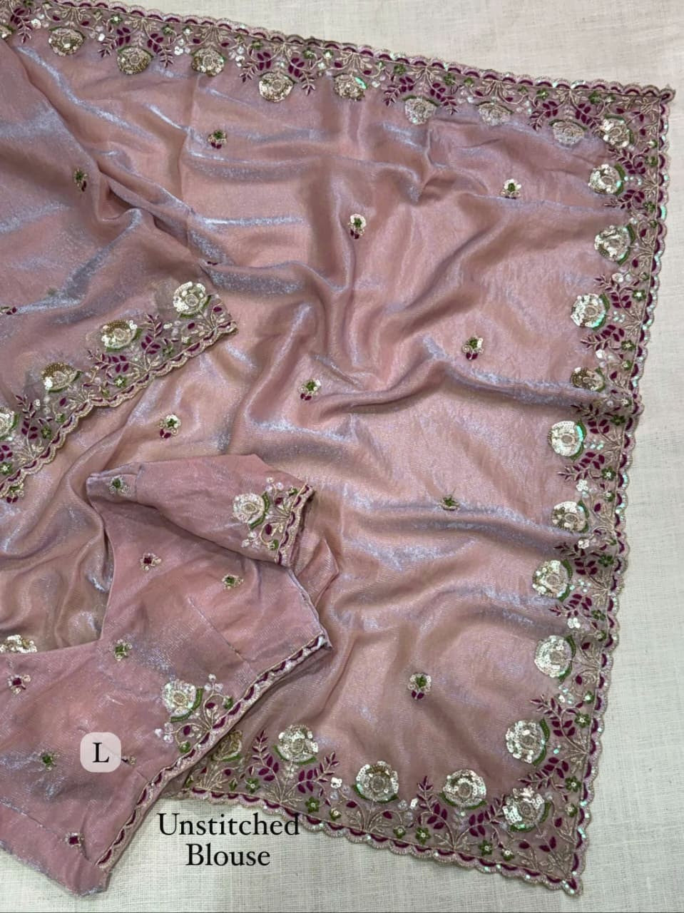 Premium Valentino Silk Saree with Zari Strips & Sequin Embroidery