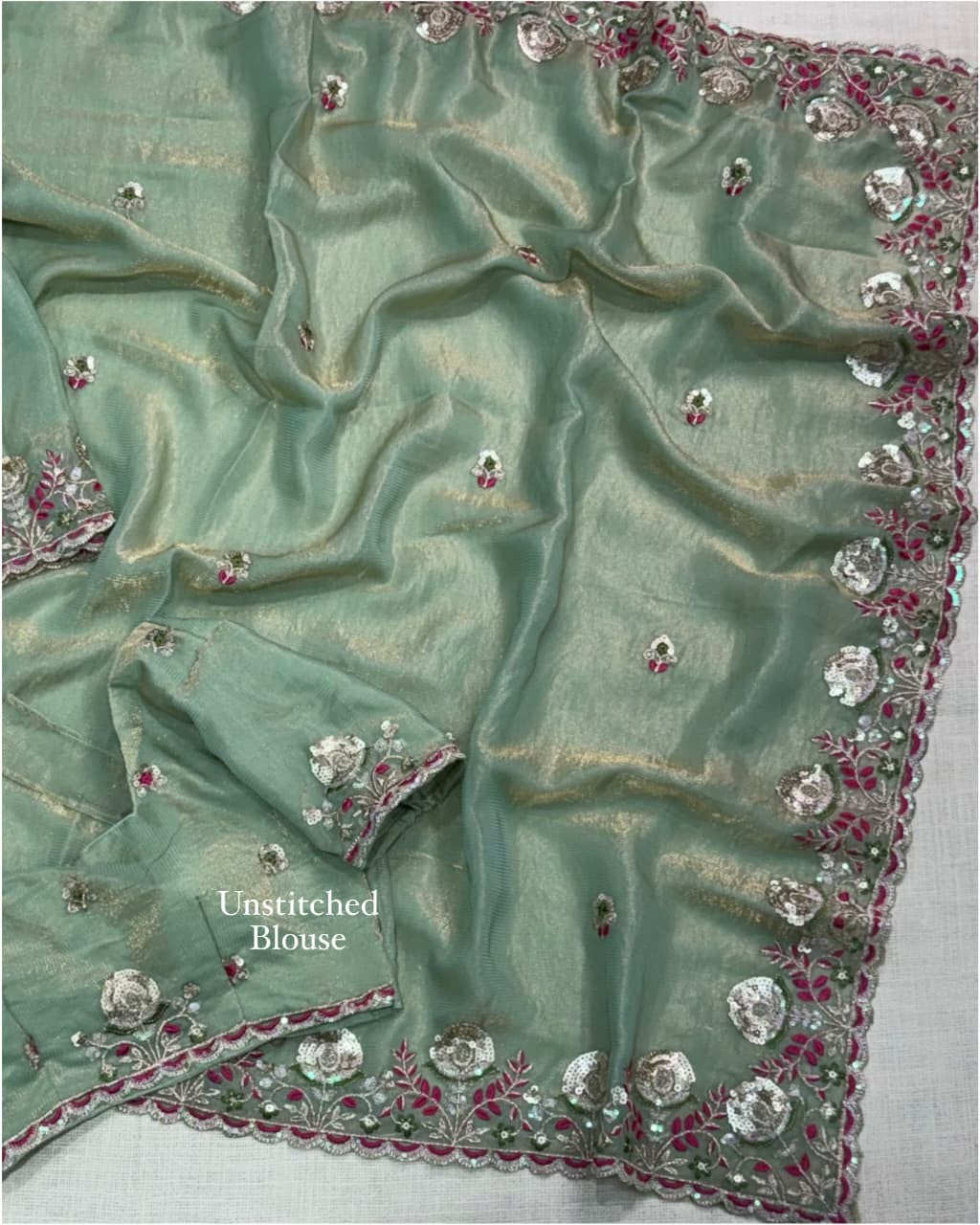 Premium Valentino Silk Saree with Zari Strips & Sequin Embroidery