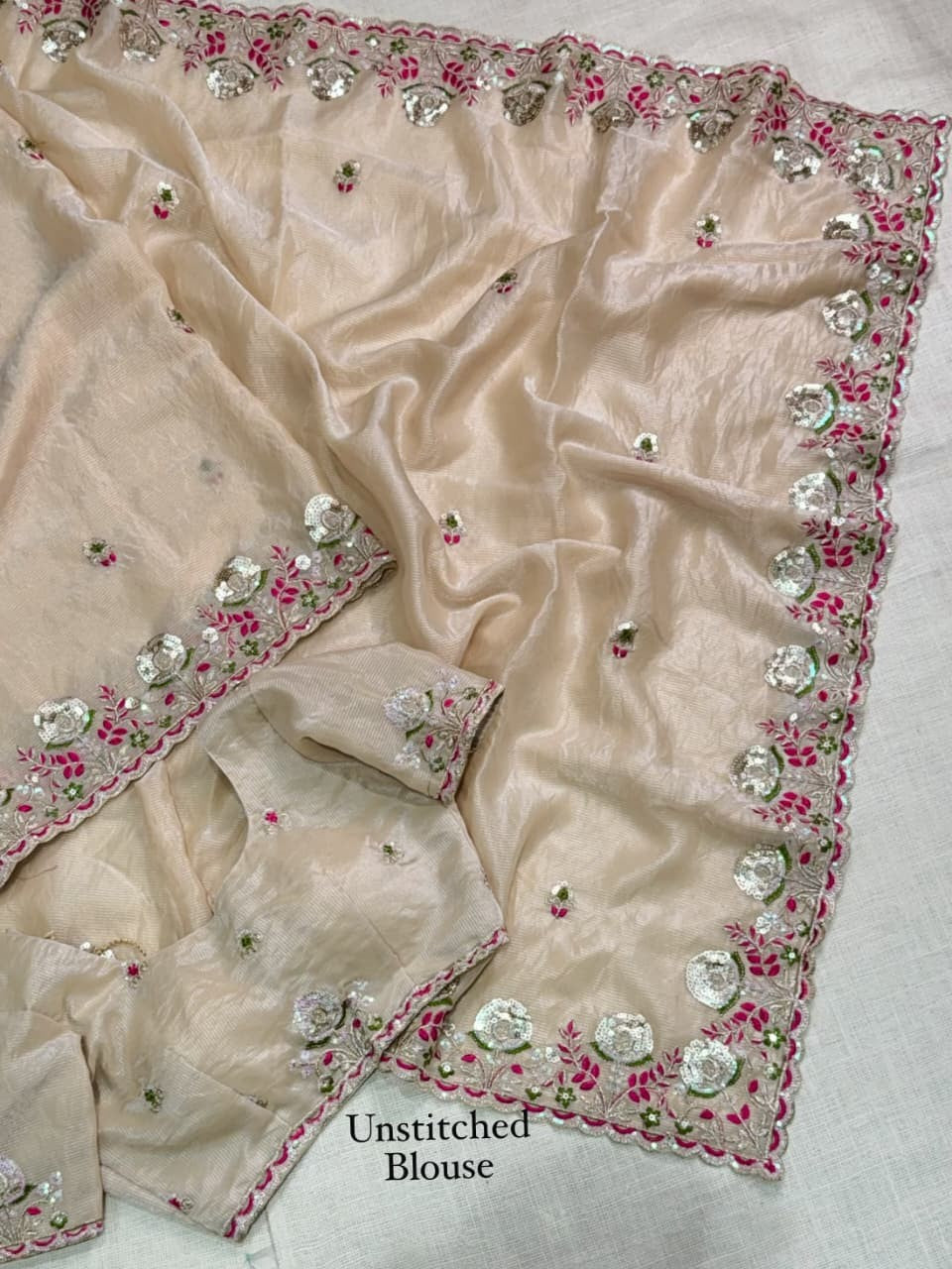 Premium Valentino Silk Saree with Zari Strips & Sequin Embroidery