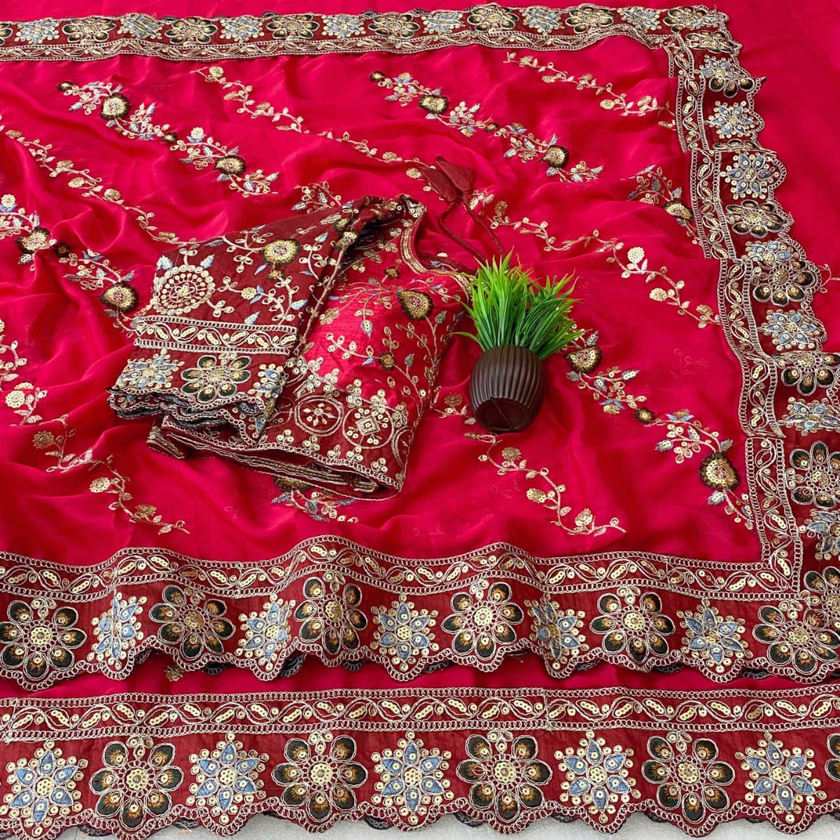 Elegant Multi Embroidery Rangoli Silk Saree with Cut Work Lace 🌸