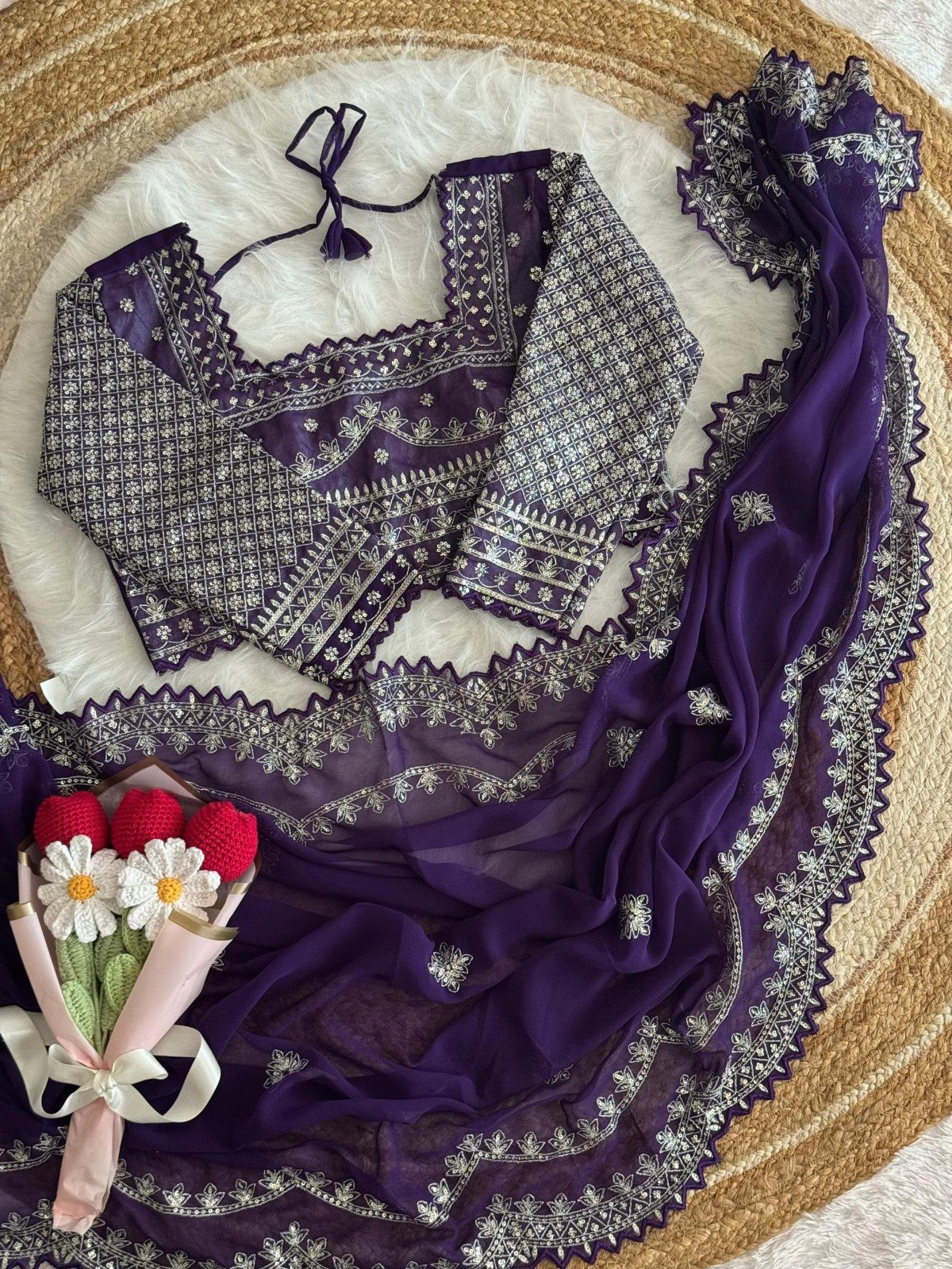 Luxury Faux Georgette Saree With Intricate Embroidery Work & Stitching Blouse ❤️