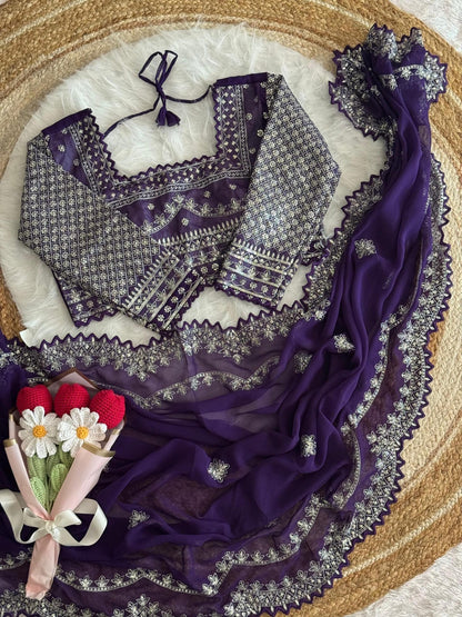 Luxury Faux Georgette Saree With Intricate Embroidery Work & Stitching Blouse ❤️