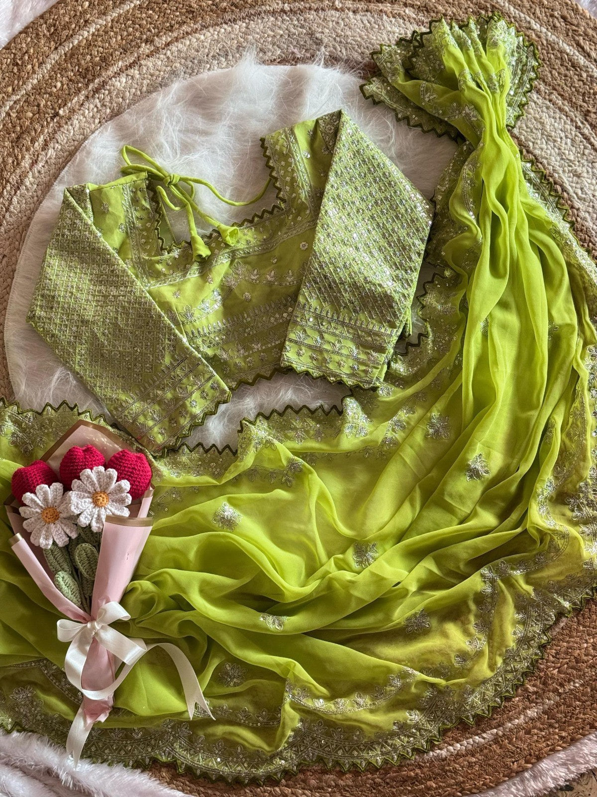 Luxury Faux Georgette Saree With Intricate Embroidery Work & Stitching Blouse ❤️