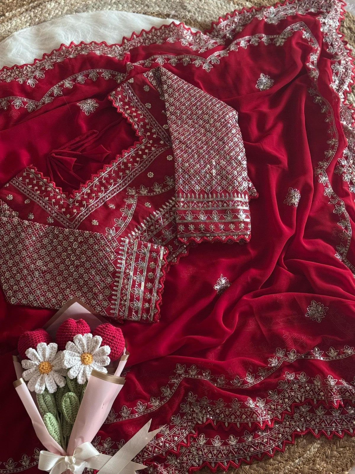 Luxury Faux Georgette Saree With Intricate Embroidery Work & Stitching Blouse ❤️