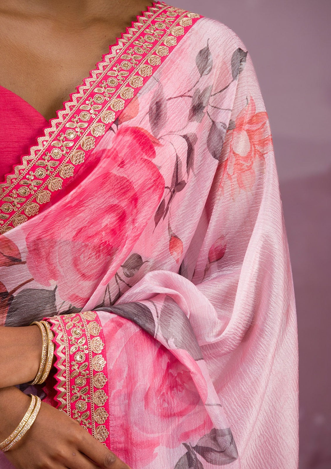 Luxurious Chinnon Silk Floral Designer Saree