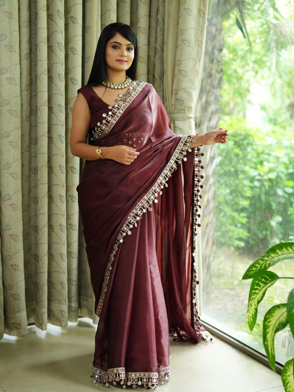 Premium Satin Organza Saree with Real Mirror & Tar Work  Raw Silk Blouse