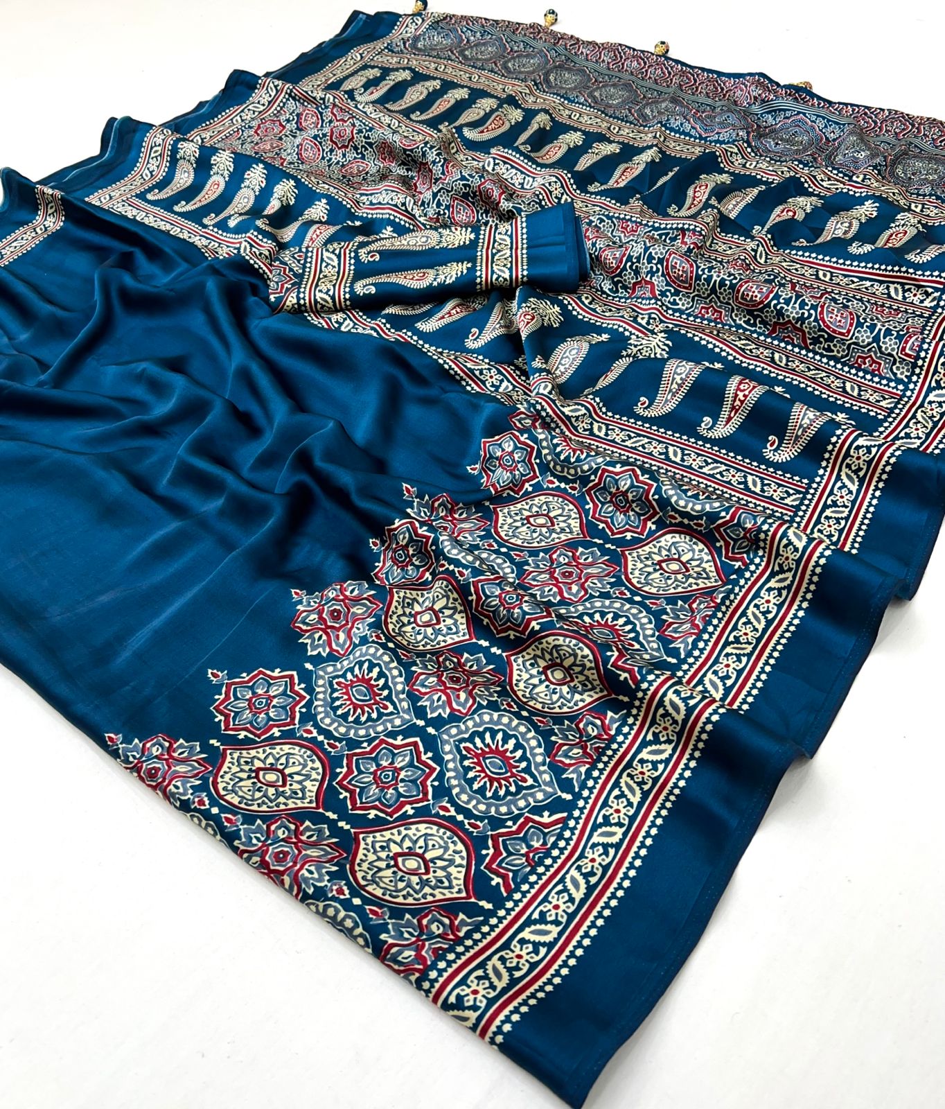 Premium Satin Crepe Traditional Ajrakh Print Saree