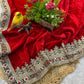 Royal Kumkum Red Velvet Saree with Embroidered Lavender Border