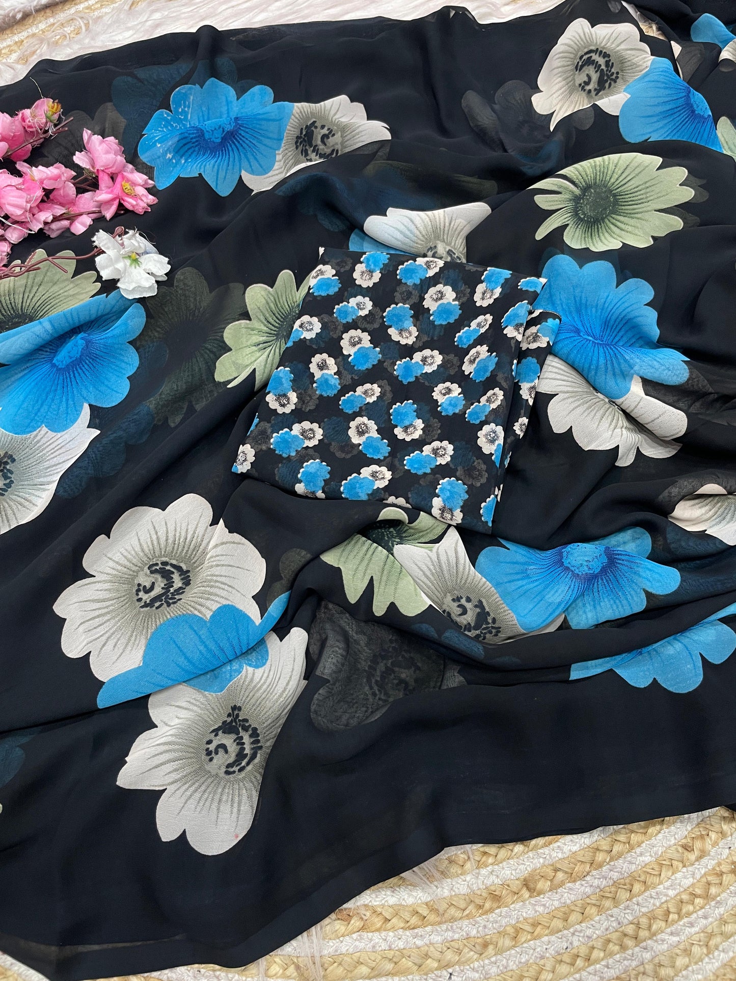 Elegant Floral Printed Black Georgette Saree
