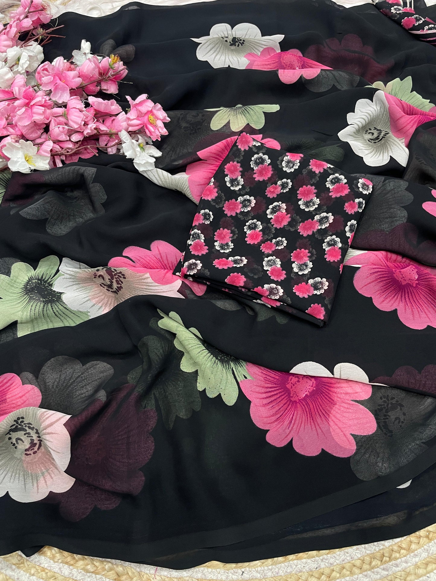 Elegant Floral Printed Black Georgette Saree