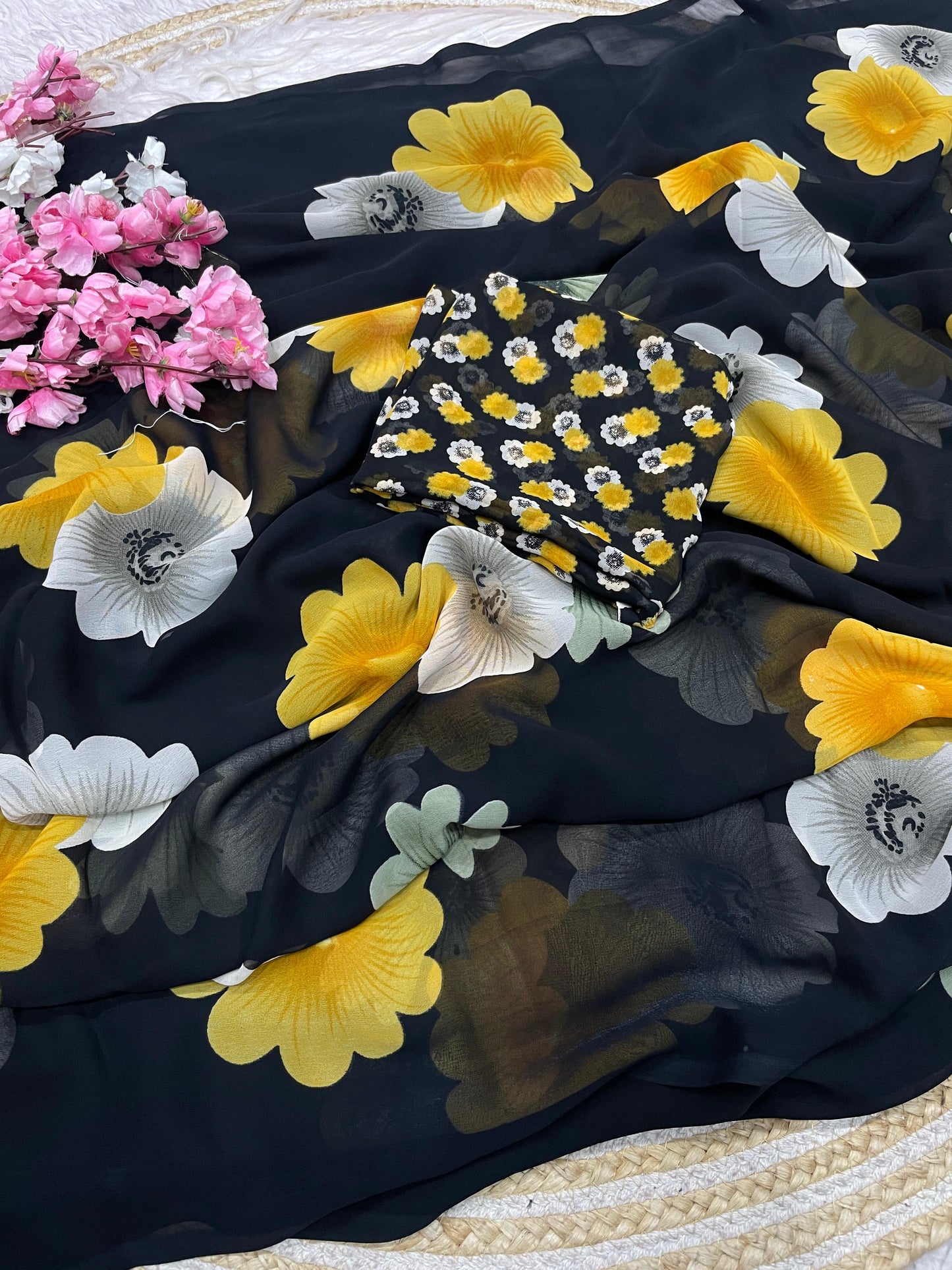Elegant Floral Printed Black Georgette Saree