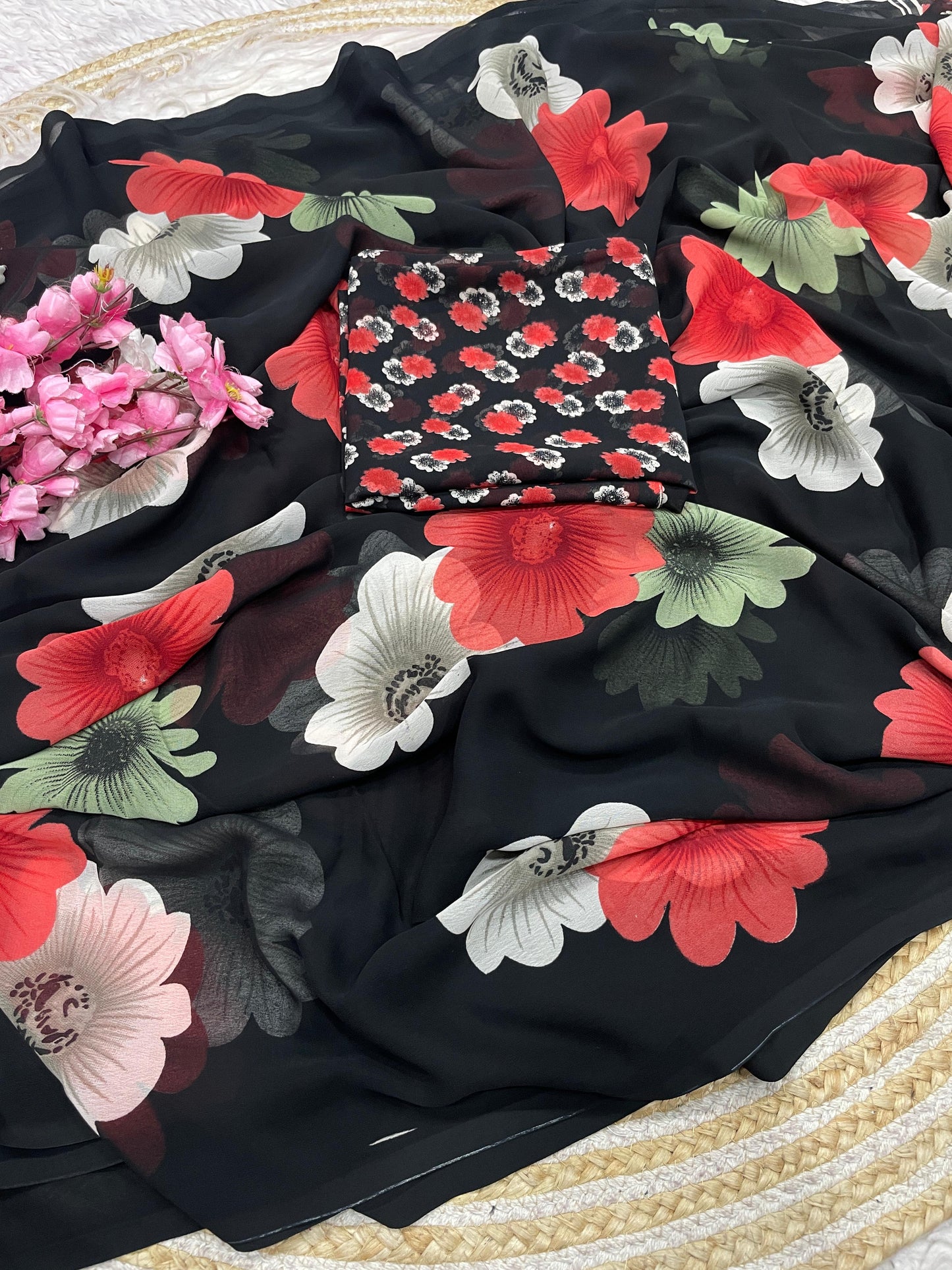Elegant Floral Printed Black Georgette Saree
