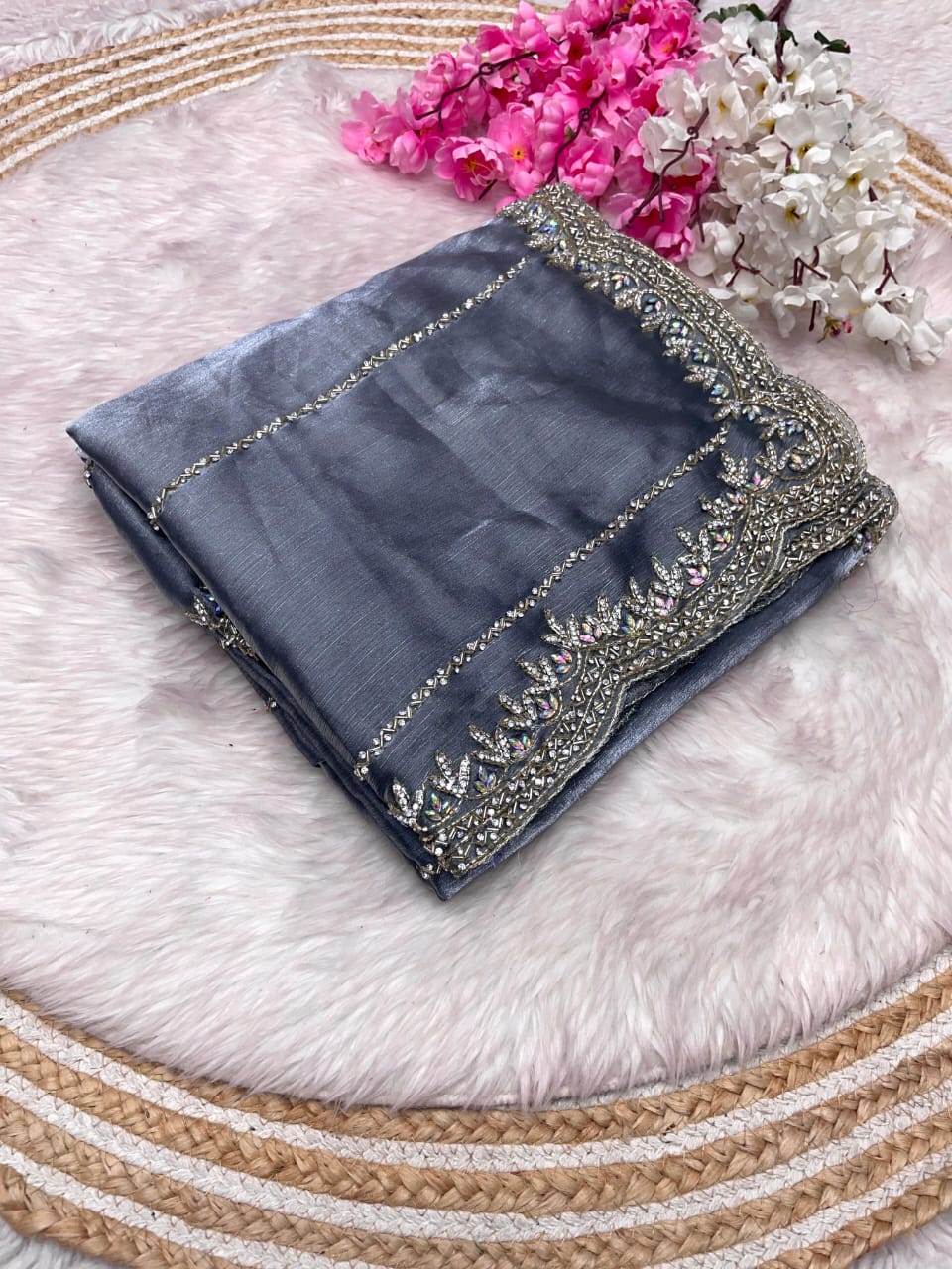 Premium Jimmy Choo Saree With Handcrafted Khatli Cut Dana Work