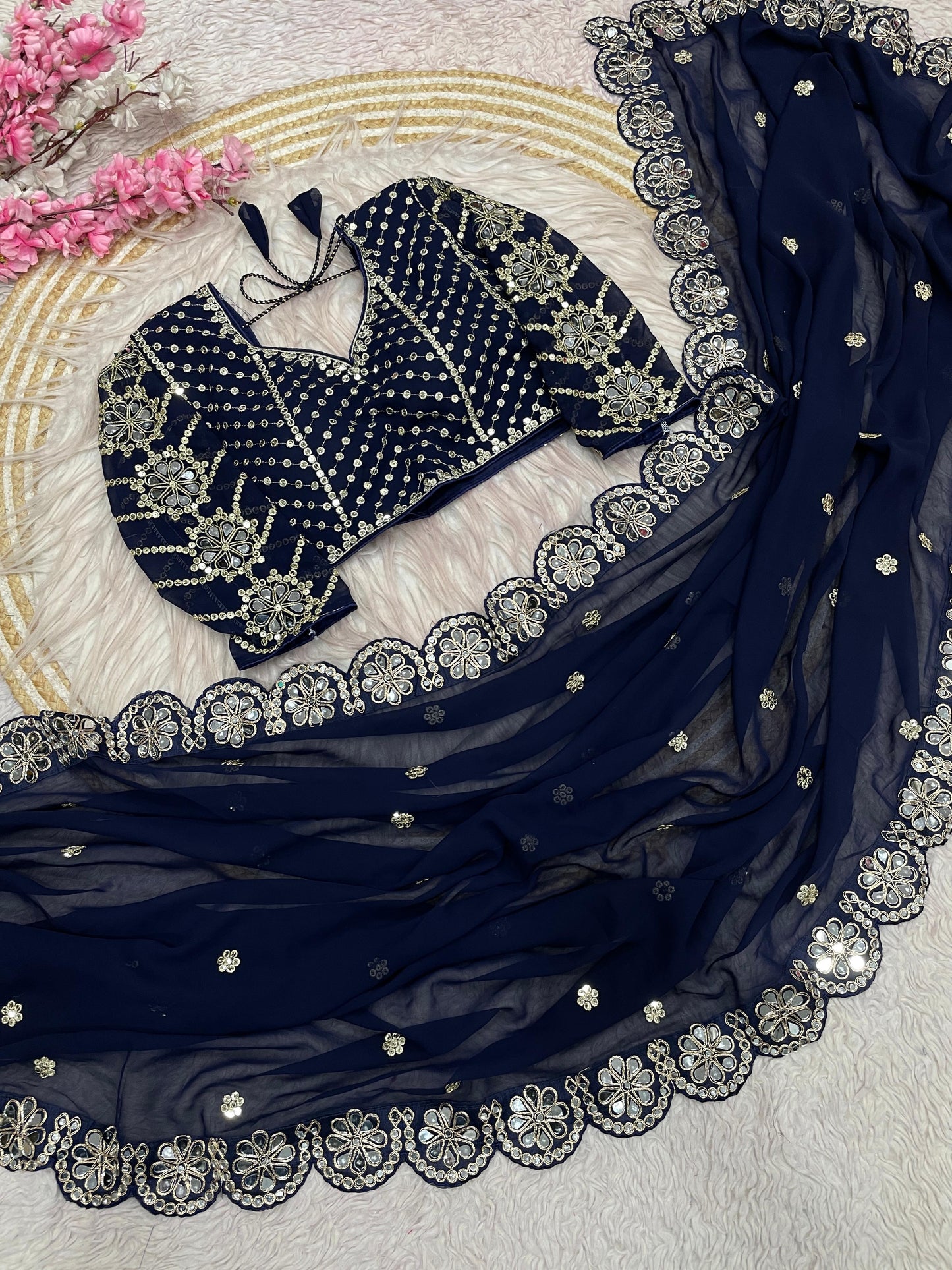 Designer Fox Georgette Saree with Heavy Embroidery & Real Mirror