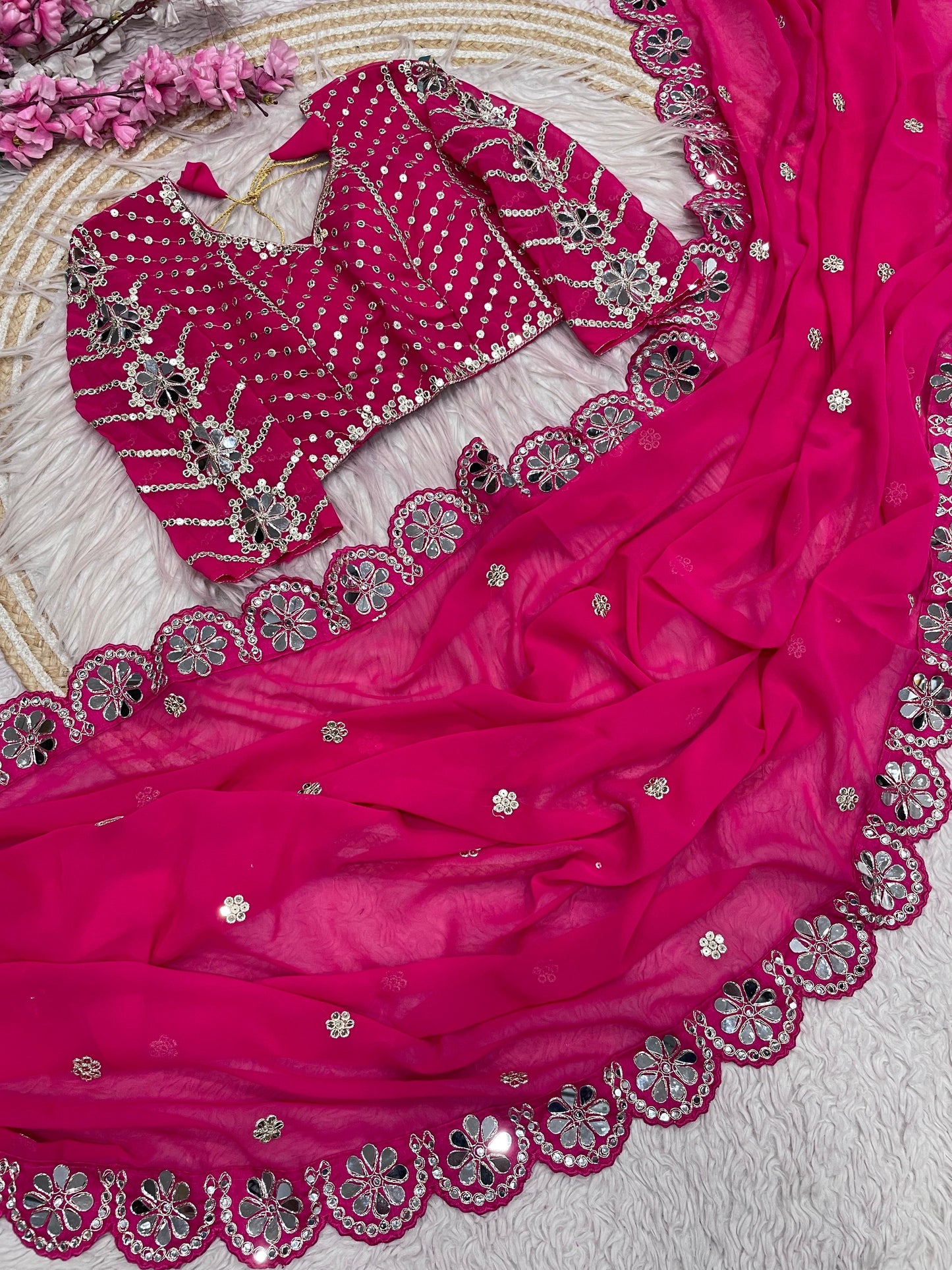 Designer Fox Georgette Saree with Heavy Embroidery & Real Mirror