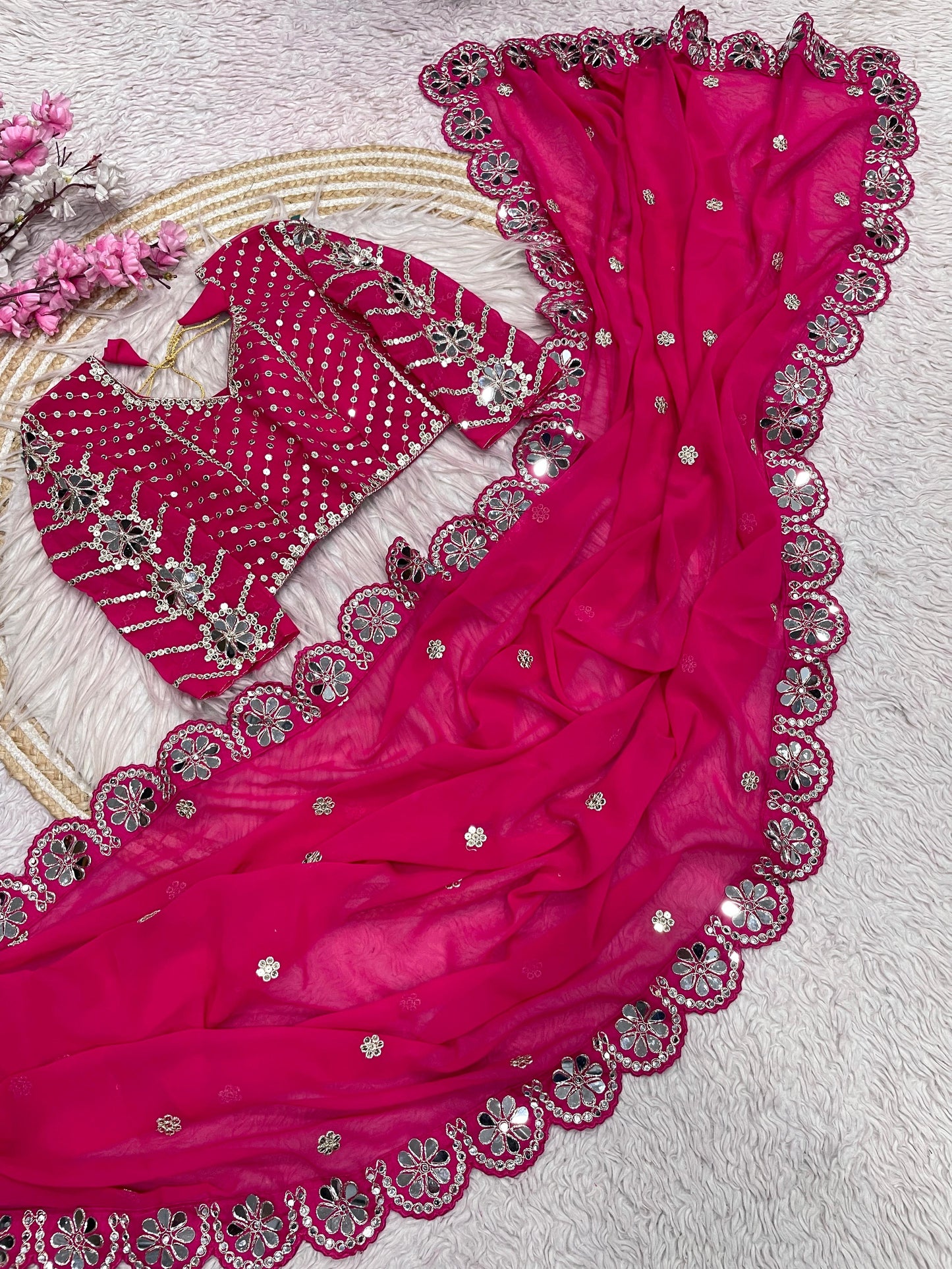 Heavy Coading Lace Border in Saree with Original Mirror