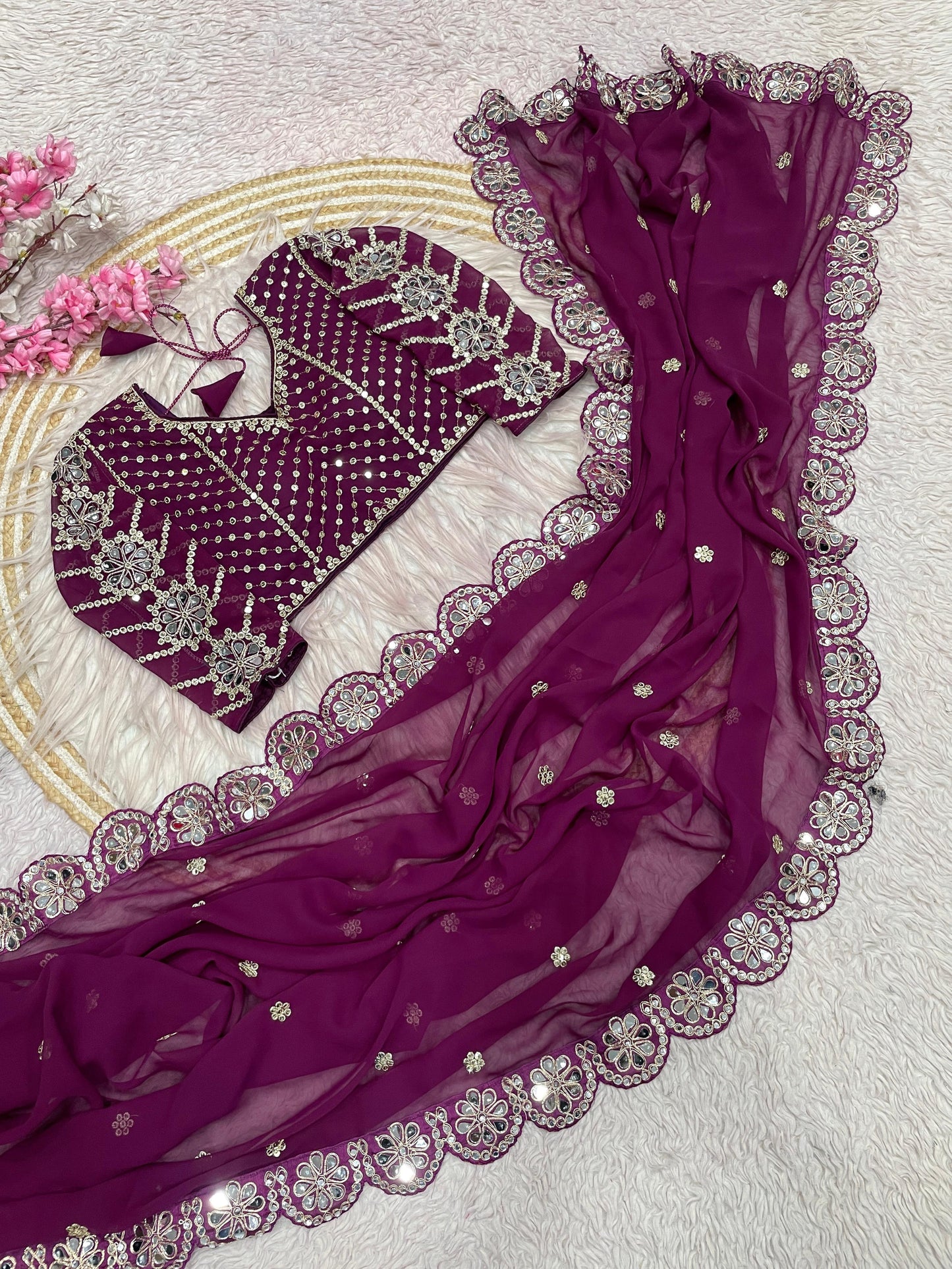 Heavy Coading Lace Border in Saree with Original Mirror