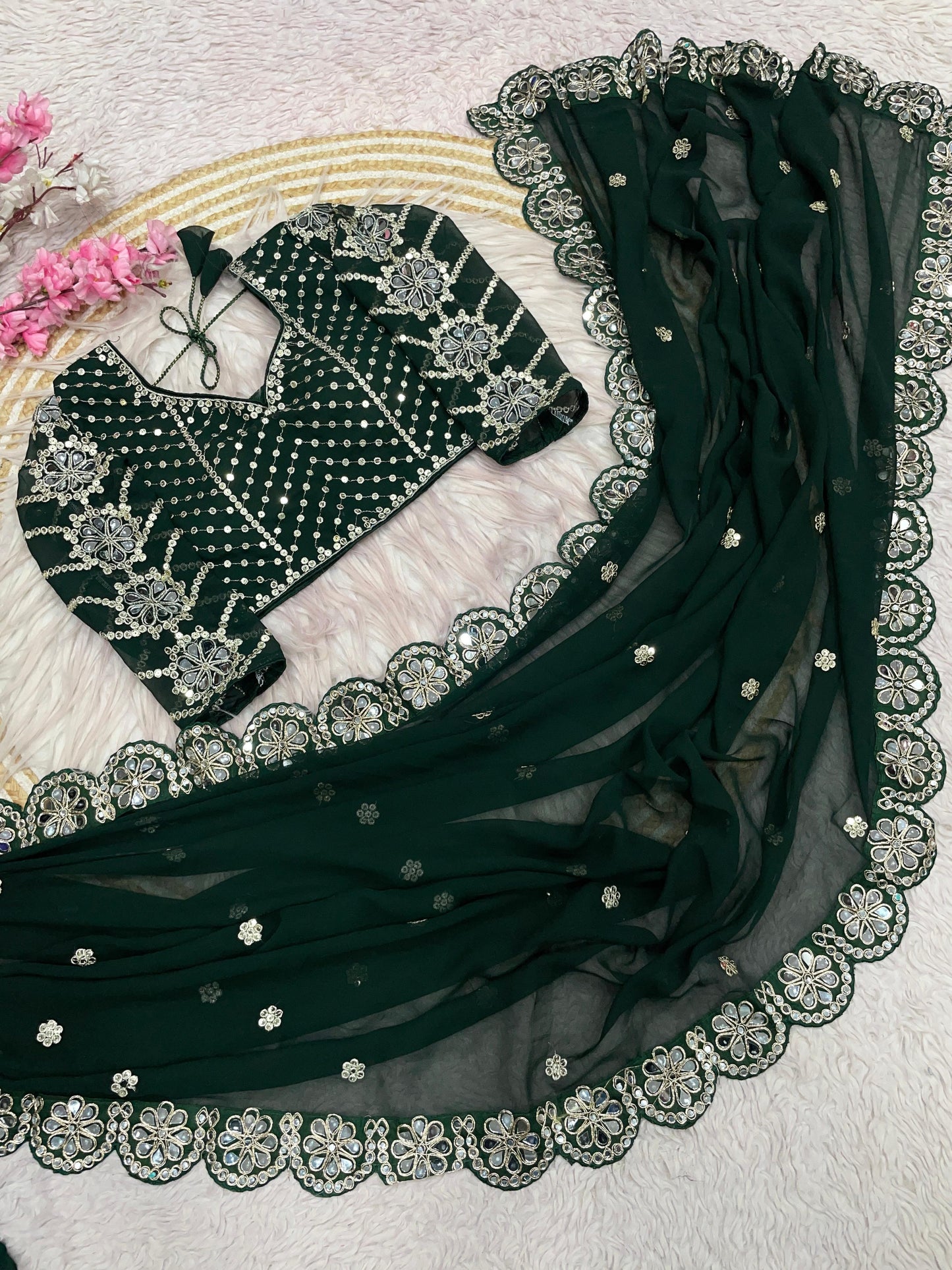 Heavy Coading Lace Border in Saree with Original Mirror