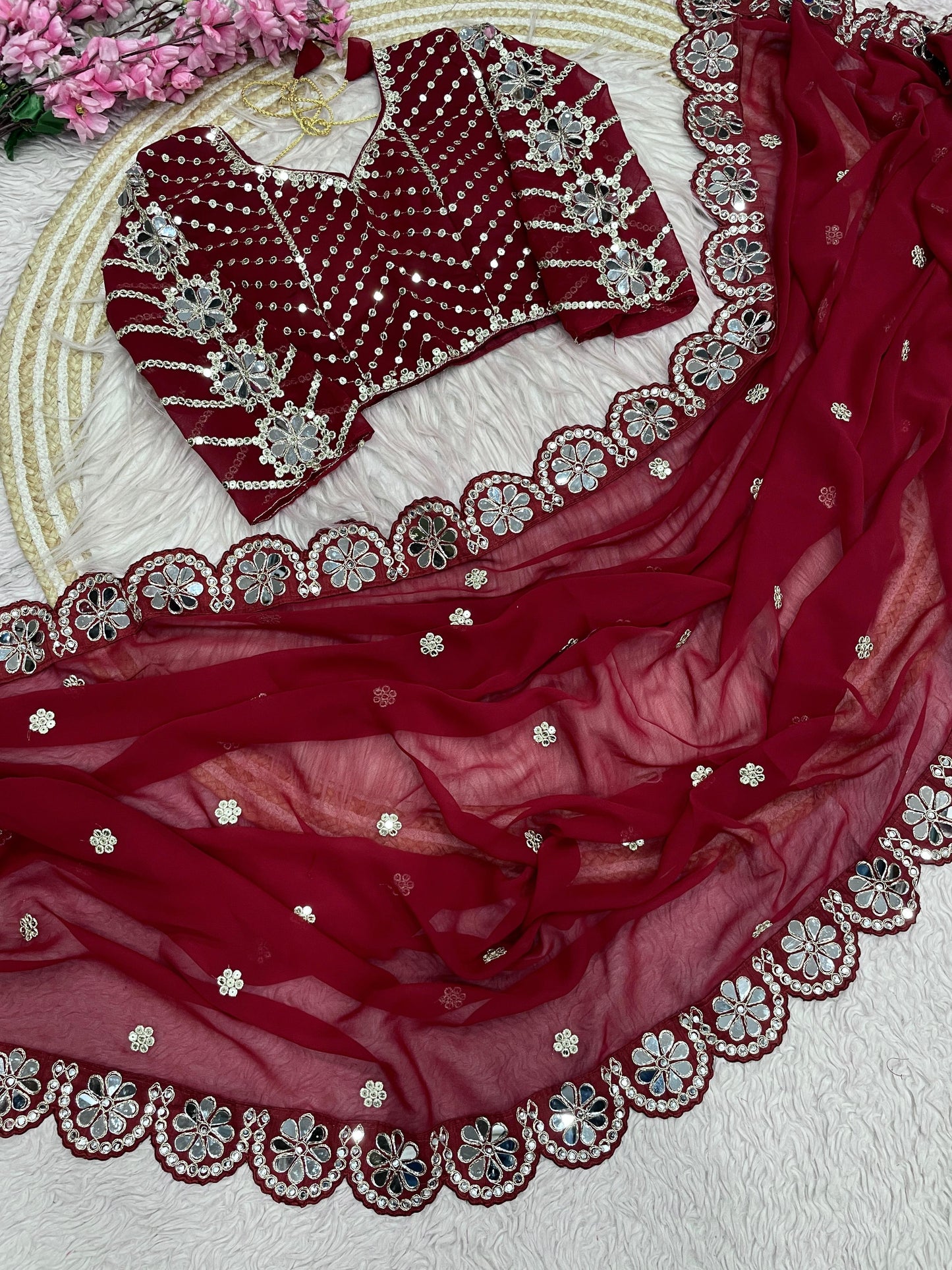 Designer Fox Georgette Saree with Heavy Embroidery & Real Mirror