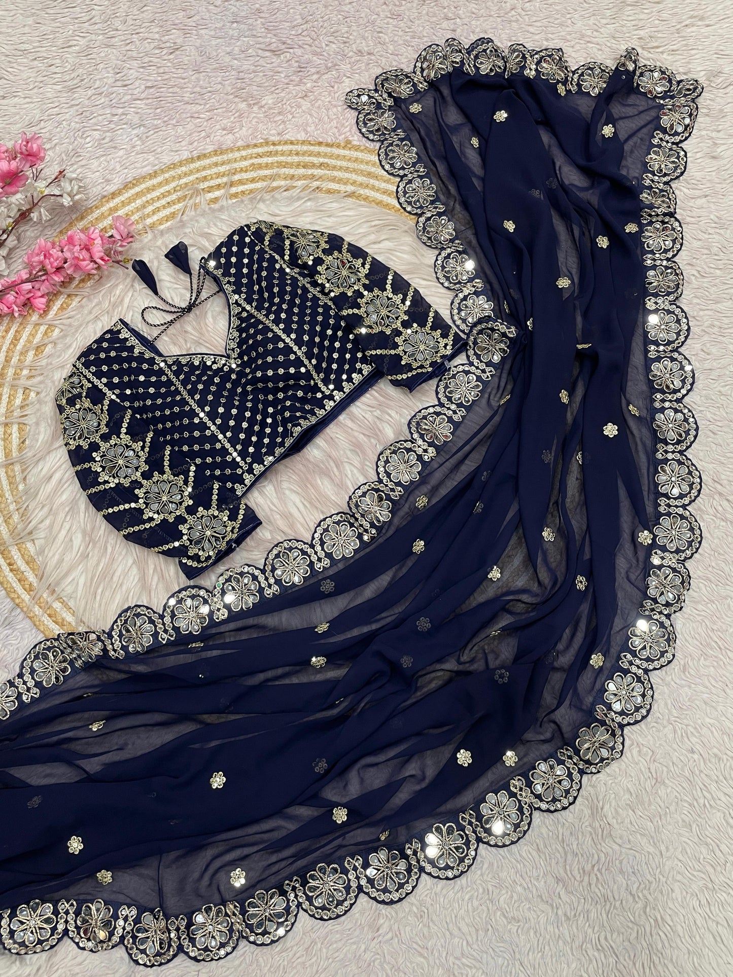 Heavy Coading Lace Border in Saree with Original Mirror